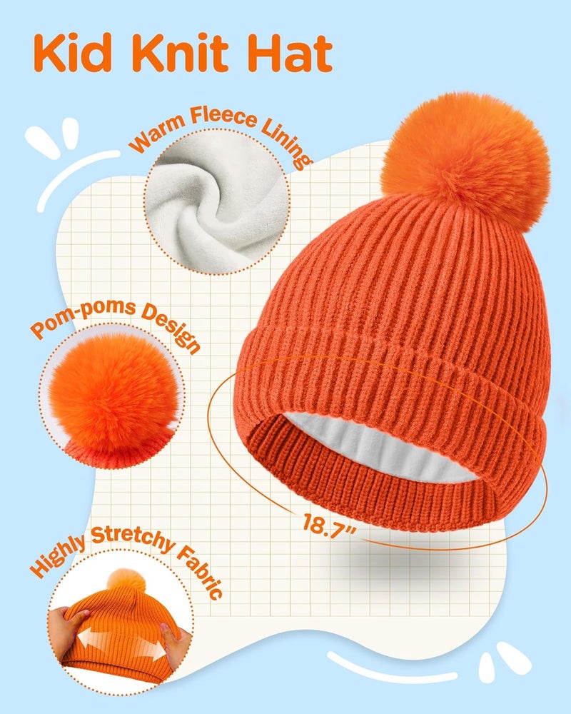 Wandx Kids Winter Hat Gloves Scarf Set Children Pompom Knit Beanie Warm Gloves with Thick Fleece for Boys Girls Ages 4-12 - Image 2